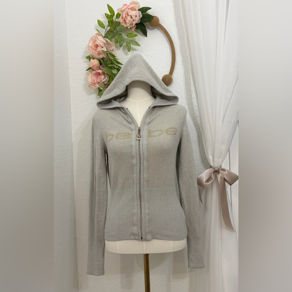 Bebe Y2K Fuzzy Knit Grey Zip Hoodie Gold Rhinestone Logo Size L Vintage HTF